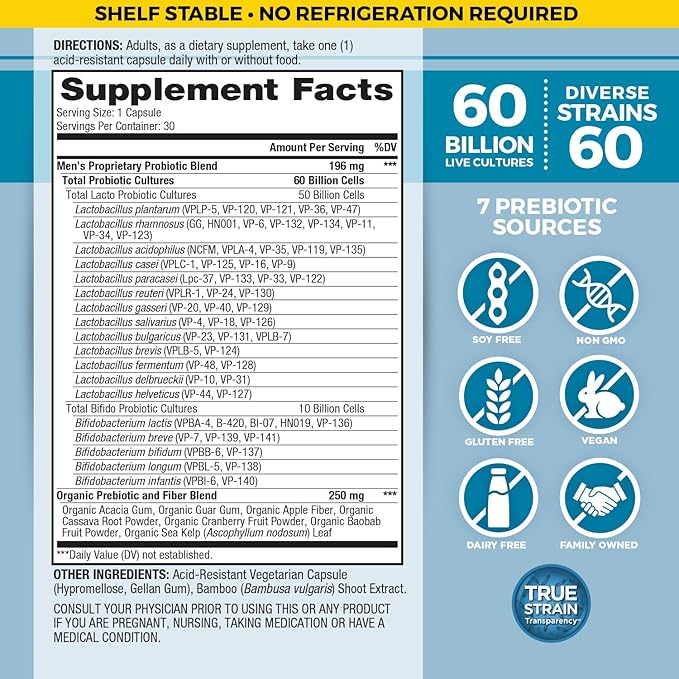 Vital Planet - Vital Flora Probiotics for Men, 60 Billion CFU, 60 Diverse Strains, 7 Organic Prebiotics, Men’s Daily Shelf Stable Probiotic for Immune Support, Gas Relief, Digestive Health 30 Capsules