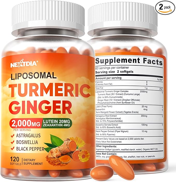 Liposomal Turmeric Ginger Curcumin Complex Supplement Pills, 2000mg Organic Turmeric Root with Black Pepper, Lutein and Zeaxanthin Supplements Liquid Softgels, 95% Curcuminoids, Non-GMO, 240ct