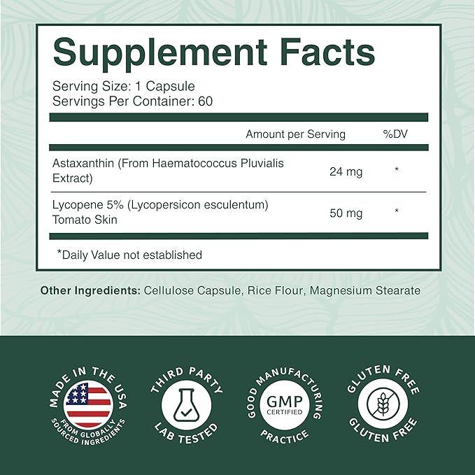 PurePremium Astaxanthin Supplements - Astaxanthin 24mg with Lycopene 50mg Antioxidants Supplement for Skin & Eye Health, & Immune System Support – Non-GMO - 60 Count, 2 Month Supply