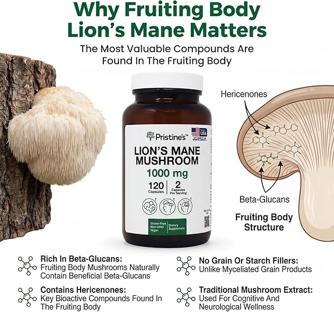 PRISTINE'S Lion's Mane Mushroom Supplement Capsules - Focus & Cognitive Function Adaptogen - 1000mg 60 Day Supply - Immunity, Memory and Focus for Adults - Vegan - Non-GMO Glass Bottle