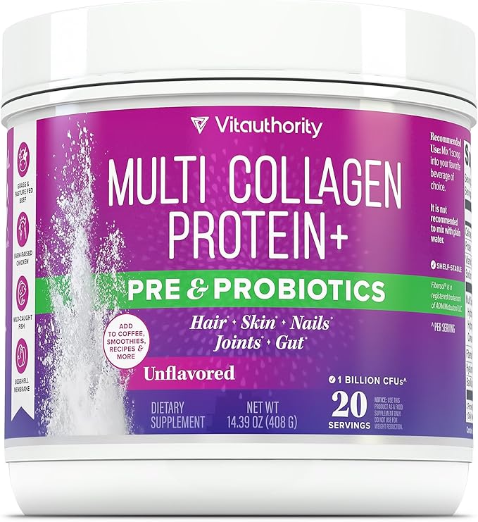 Multi Collagen Probiotics for Women Prebiotics Protein Powder | 20g Collagen Peptides Hyaluronic Acid Vitamin C & Fibersol Prebiotic Support Skin Elasticity Digestion Gut Health Unflavored 20 Servings