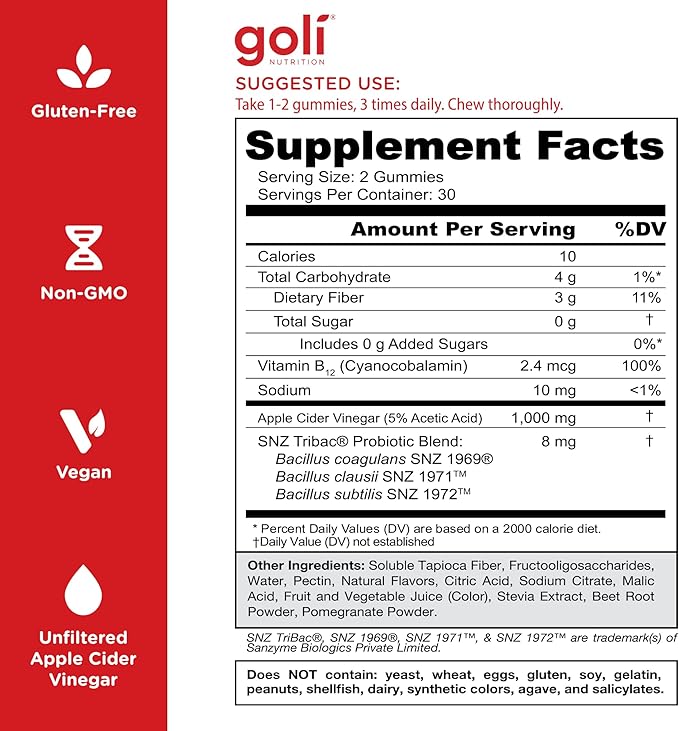 Goli Zero Sugar Apple Cider Vinegar Gummies - ACV with Vitamin B12 and Probiotics - No Sugar Alcohols - Vegan, Keto-Friendly, Gluten-Free