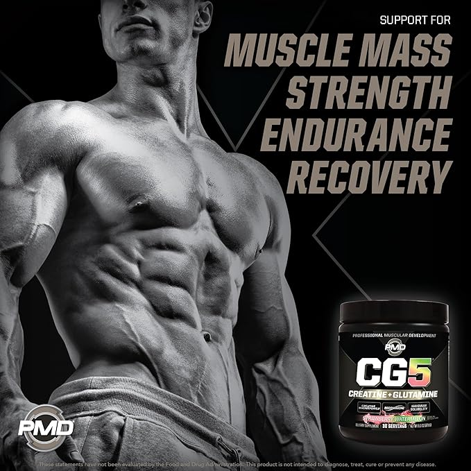 PMD Sports CG5 Premium Creatine & L Glutamine Powder, Power Recovery, Build Lean Muscle, Increase Workout Performance, Maximum Strength Pre Workout & Post Workout, Strawberry Watermelon, 30 Servings
