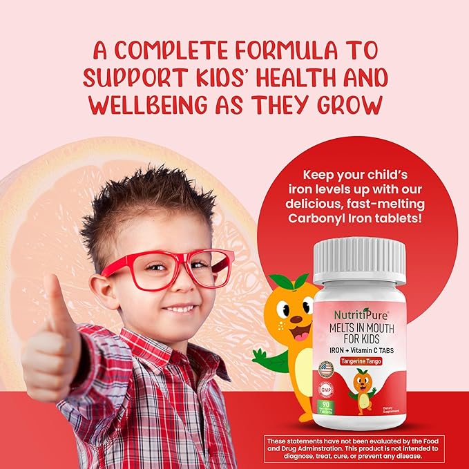 Chewable Iron Supplements for Kids (Ferronyl®/Carbonyl Iron 9 mg with Vitamin C 30 mg) Tablet in Tangerine Tango Orange Flavor Kids Supplement 90 Count (2 Bottles)