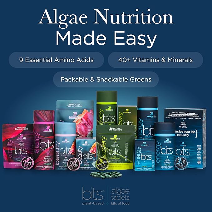 ENERGYBITS - Organic Spirulina Tablets - Plant-Based Algae Superfood - for Focus, Fitness, Energy - Plant Protein - Gluten Free - Collagen, Vitamin B12, Omega 3 - Keto & Vegan - 60 Algae Tablets