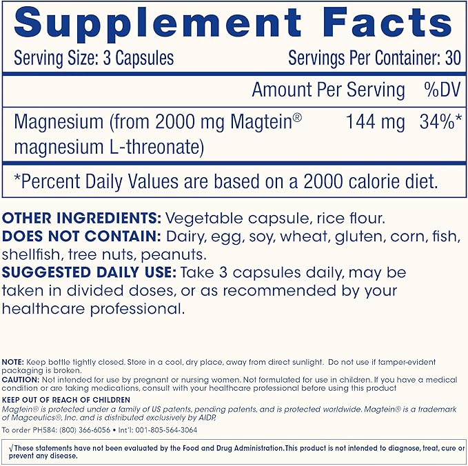 Magnesium L-Threonate Supplement (Magtein), 90 Capsules | Clinically Supported for Brain Health | Optimize Learning, Memory & Focus | 3rd Party Tested