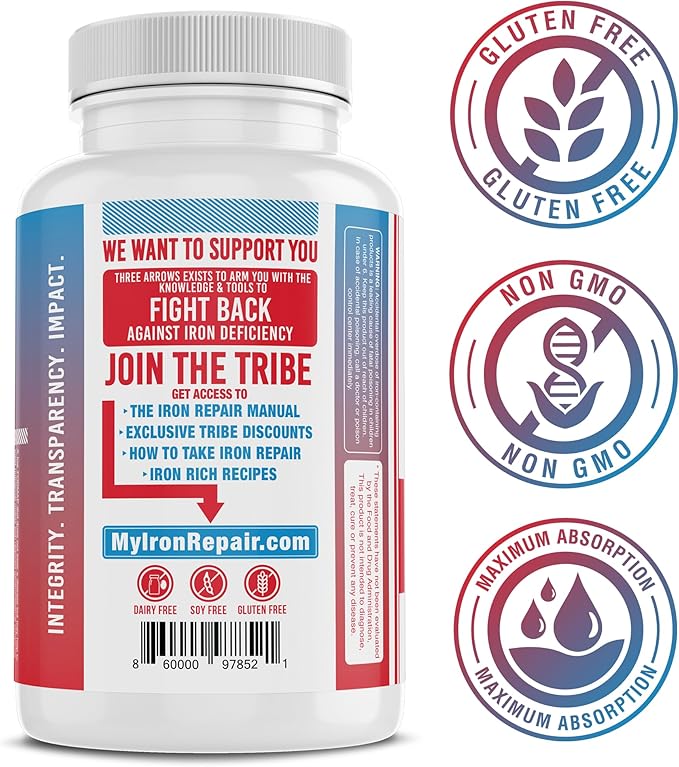 Iron Repair Plus Natural Iron Supplement, Best Absorption Gentle on Stomach, Monash Low FODMAP, Raise Hemoglobin & Ferritin for Women, Teens & Pregnancy Methylated B-12 & Folate, 90 Gelatin Capsules