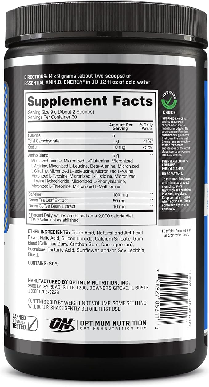 Optimum Nutrition Amino Energy - Pre Workout with Green Tea, BCAA, Amino Acids, Keto Friendly, Green Coffee Extract, Energy Powder - Blueberry Lemonade, 30 Servings (Packaging May Vary) (Pack of 6)