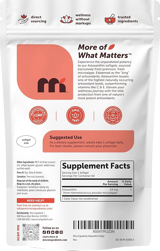 Micro Ingredients Astaxanthin 24mg with MCT Oil, 60 Softgels, 2 Month Supply | Max Strength Astaxanthin Antioxidant Supplements | Fresh Microalgae Source | Non-GMO, Gluten Free, No Soy