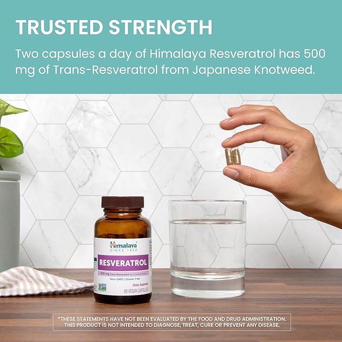Himalaya Resveratrol for Healthy Aging and Antioxidant Support, 1,000 mg of Resveratrol, with 500 mg Trans-Resveratrol Daily, 60 Vegan Capsules, 1 Month Supply