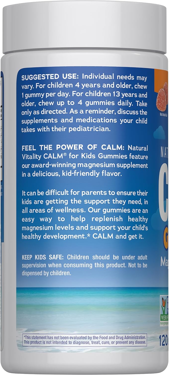 Natural Vitality Calm, Magnesium Citrate Kids Supplement, Stress Relief Gummies, Supports a Healthy Response to Stress, Gluten Free, Vegan, Sweet Citrus, 120 Gummies