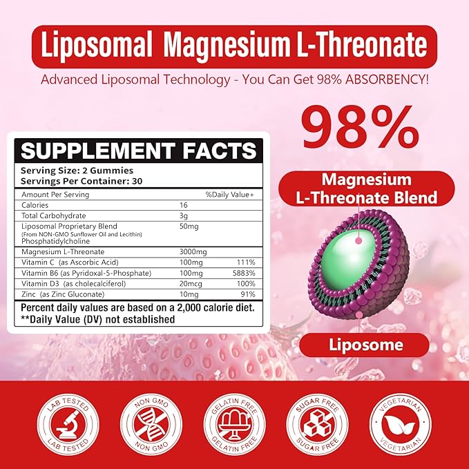 3 Pack Liposomal Magnesium Threonate High-Potency 3000mg Gummies,Liposomal Enhance 98% Absorption,Magnesium L-Threonate Supplements, Muscle & Nervous System for Kids & Adults