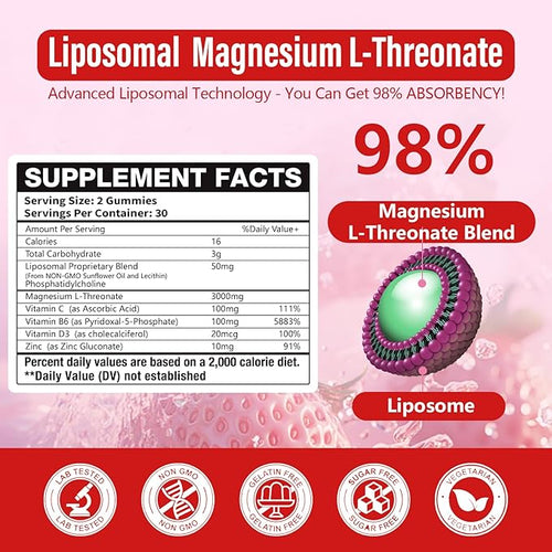 3 Pack Liposomal Magnesium Threonate High-Potency 3000mg Gummies,Liposomal Enhance 98% Absorption,Magnesium L-Threonate Supplements, Muscle & Nervous System for Kids & Adults