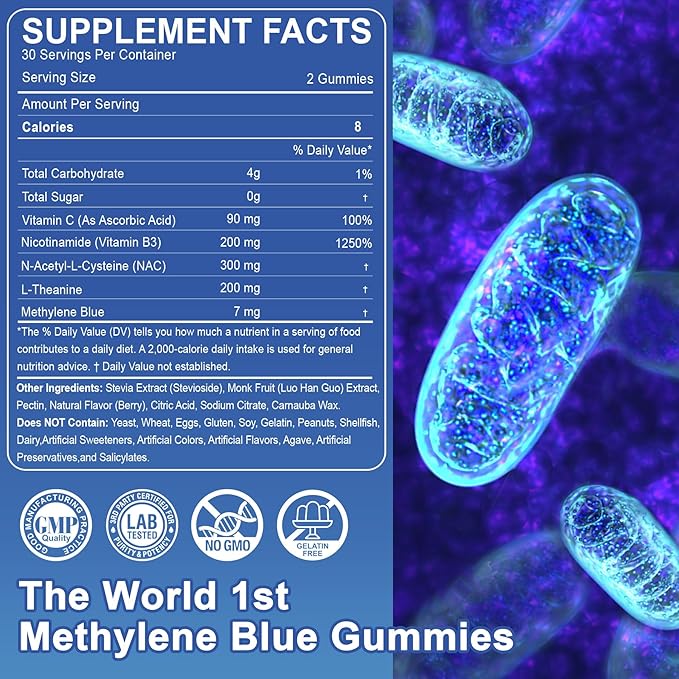 Methylene Blue Gummies for Humans | Upgraded High-Potency Antioxidant & Brain Booster Supplement for Cognitive, Energy, Cellular& Mitochondrial Health | Fast-Absorbing, Vegan, 120 Counts