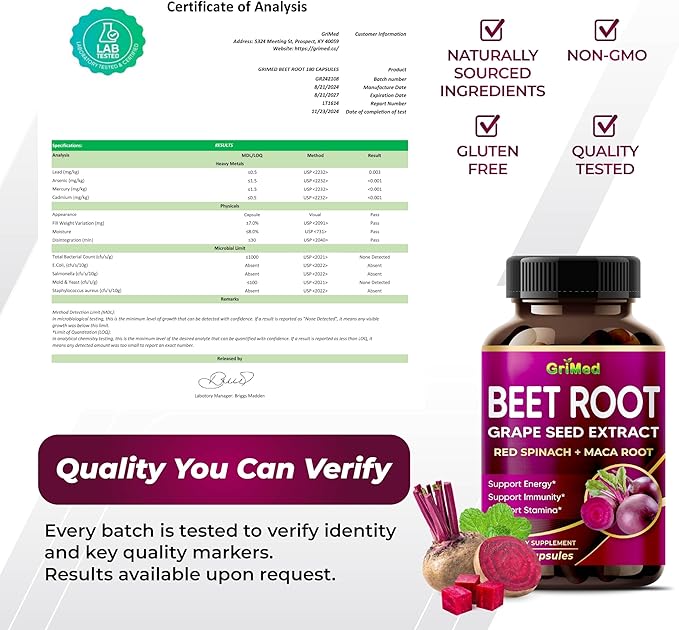 GriMed Beet Root with Grape Seed Extract, Maca Root, Red Spinach & Ashwagandha – 180 Vegetable Capsules