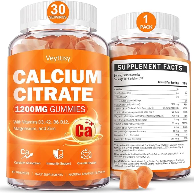 Calcium 1200 mg with Vitamin D3 Supplement for Adults - Calcium Gummies with 5000iu Vitamin D3, K2, B6, B12, Magnesium & Zinc - Calcium Supplement for Women Men - Easy to Digest, Vegan (1 pack)
