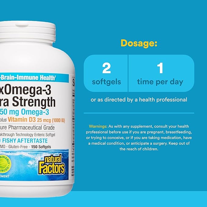 Natural Factors RxOmega-3 Ultra Strength - Brain & Heart Health Support - Eye Health Supplement with EPA & DHA - Supplement with Omega-3 Fatty Acids & Vitamin D3-150 Softgels (75 Servings)