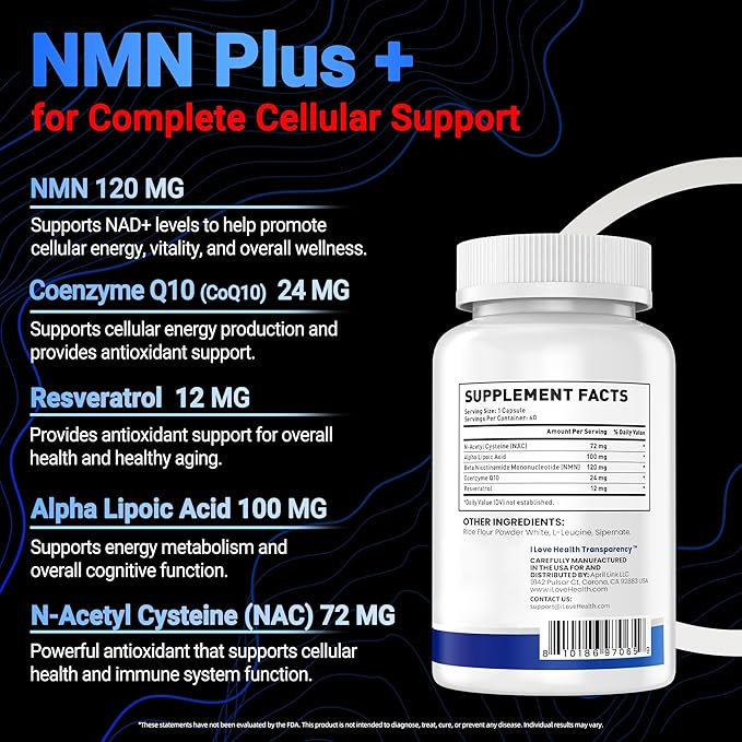 NMN Supplement, 5-in-1 Complex with NAC, Alpha Lipoic Acid, CoQ10 & Resveratrol - High Absorption Anti Aging Formula - Third Party Tested, cGMP, Gluten Free - 60 Capsules