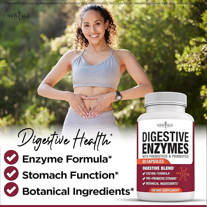 NEW AGE Digestive Enzymes for Gut Health - Probiotic Multi Enzymes with Prebiotics and Probiotics with Lipase for Women and Men for Digestive Health, Daily Enzymes for Digestion - 60 Count