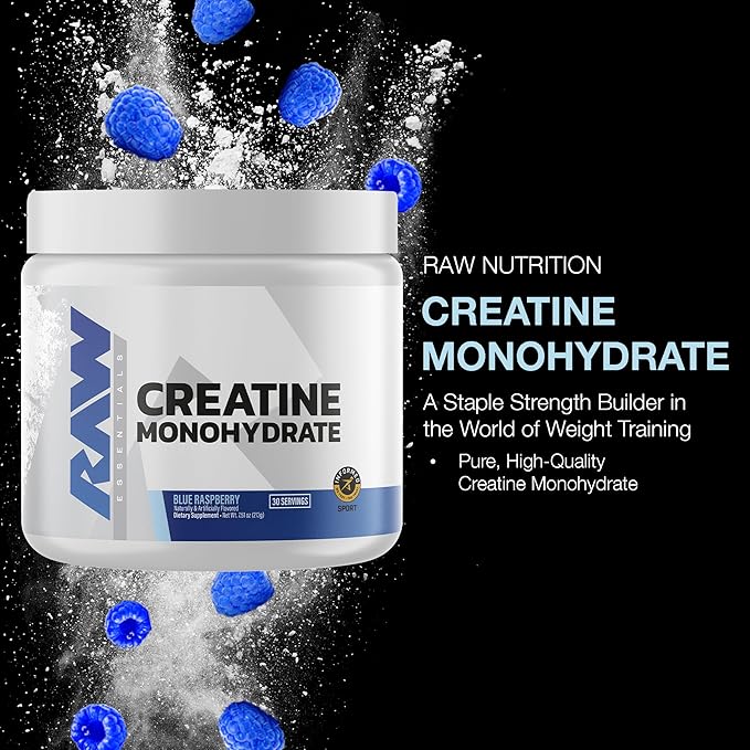 RAW Nutrition Creatine Monohydrate Powder, Blue Raspberry (30 Servings) - Micronized Creatine Monohydrate Supplement for Workout Performance, Build Muscle & Strength - Creatine Powder for Men & Women