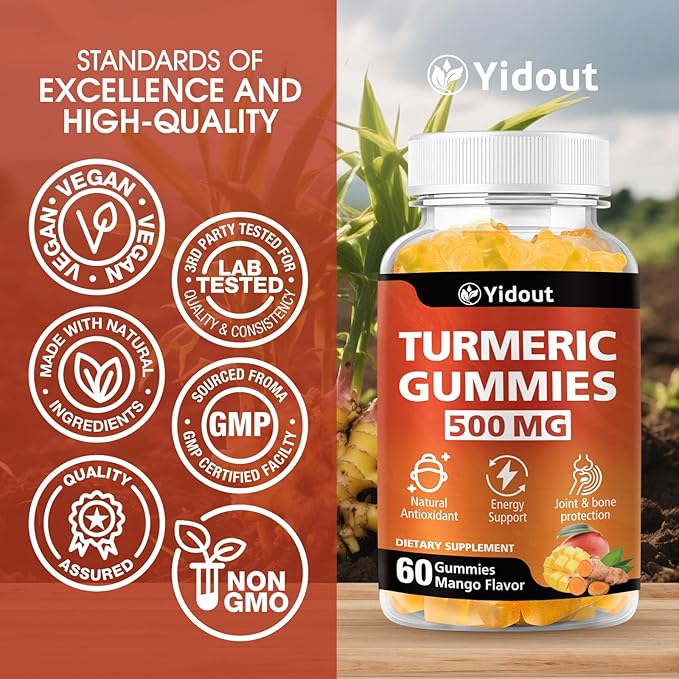 Turmeric Curcumin Gummies, Gummy with 500mg Turmeric Curcumin and Ginger with Black Pepper Extract for High Absorption,Mango Flavor (60 Count（Pack of 1）)