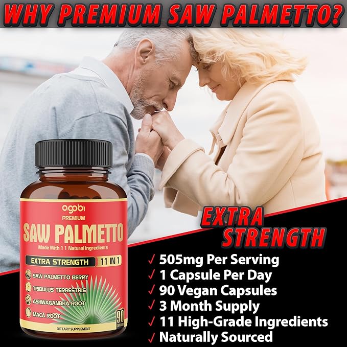 Premium Saw Palmetto Capsules - Combined with Ashwagandha, Turmeric, Tribulus, Maca, Green Tea, Ginger, Holy Basil & More - 90 Capsules 3-Month Supply