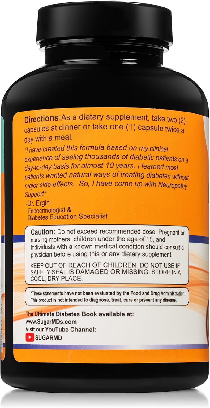 SugarMD Neuropathy Support Supplement – 180 Nerve Supplement Capsules with Alpha Lipoic Acid, Benfotiamine & Vitamin D3 B6 B12 - Nerve Support for Feet Hands Fingers & Legs - 90 Day Supply