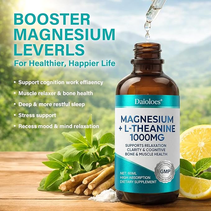 Magnesium L-Threonate Liquid Drops, Triple Calm Magnesium Threonate w. Apigenin, Theanine, Lemon Balm for Relaxation Sleep, High Absorption for Brain Health & Cognitive Support, 2.0 Fl Oz