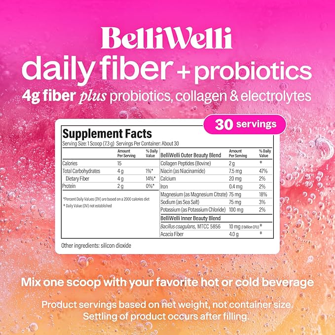 Belli Welli Unflavored Daily Fiber Supplement Powder with Collagen, Probiotics & Electrolytes | Supports Digestive Health, Gut Balance & Debloating, Sugar Free | 30 Servings