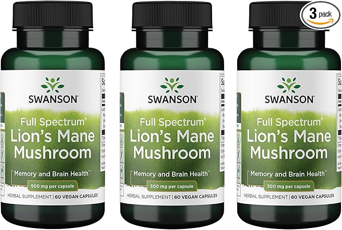 Swanson Lion's Mane Mushroom Brain Health Supplement for Professionals Seeking Mental Focus, Memory, and Clarity Support - 500 mg (60 Vegan Capsules, 4 Bottles, 3 Pack)