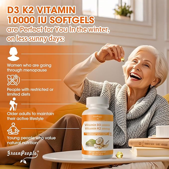 GREENPEOPLE K2 D3 Vitamin Supplement, Vitamin D-3 & K-2 MK-7, 10,000 IU/200 mcg, with Virgin Non-GMO Coconut MCT Oil | 300 Vegan Softgels | Bone Health, Immune Support