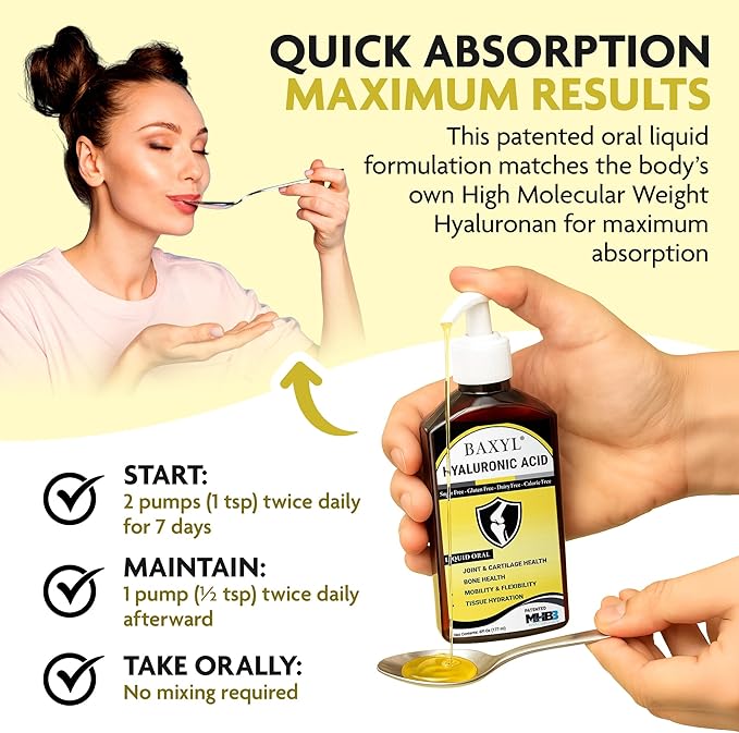 BAXYL Liquid Hyaluronic Acid Supplement for Joint Health, 3 Bottles of 6 Oz - Patented MHB3 Formula for Bone, Skin, Eye Health & to Restore Cartilage - Vegan, Gluten-Free, Non-GMO for Comfort