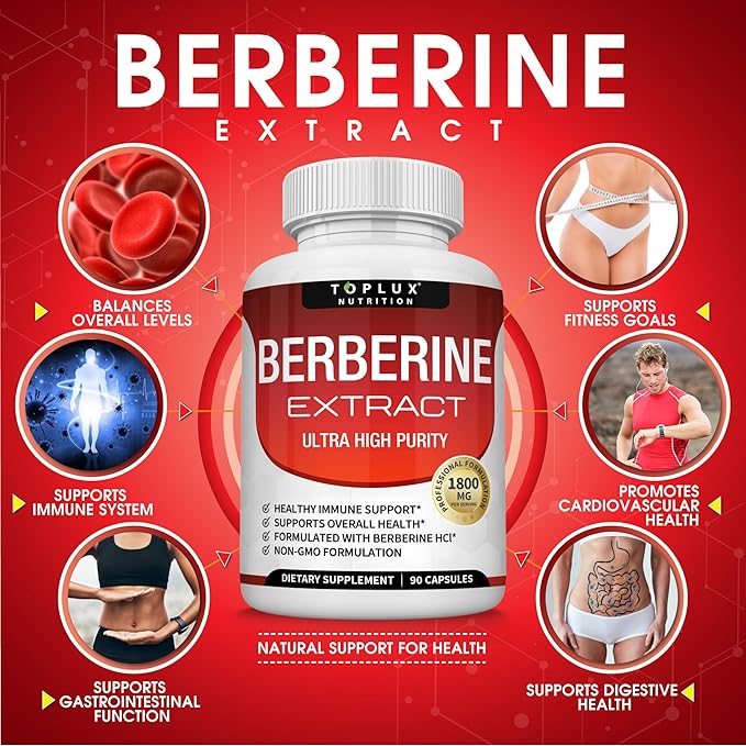Toplux Berberine Supplement 1800mg - Berberine HCL 97% Tested Ultra High Purity Premium Berberine Extract to Support Overall Health, High Potency Berberine Plus Non-GMO Vegan Men Women, 90 Capsules