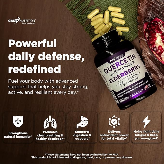 Gade Nutrition Quercetin with Bromelain & Elderberry | Quercetin with Vitamin C and Zinc | Zinc Quercetin 500mg with Vitamin D3 | Daily Immune Support Supplement - 6 Months Supply