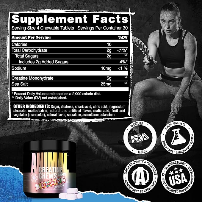 Animal Creatine Chews x Smarties Edition - 5g Creatine Monohydrate for Strength, Power, & Training Recovery Support with Sea Salt, Convenient Chewable Creatine Supplement for Men & Women - 120 Tablets