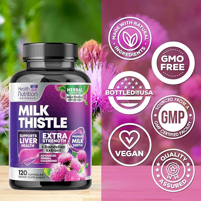 Milk Thistle Supplement - Liver Health Support with Dandelion Root & Silymarin Marianum, Liver Cleanse Detox & Repair - Nature's Milk Thistle Extract - 120 Capsules