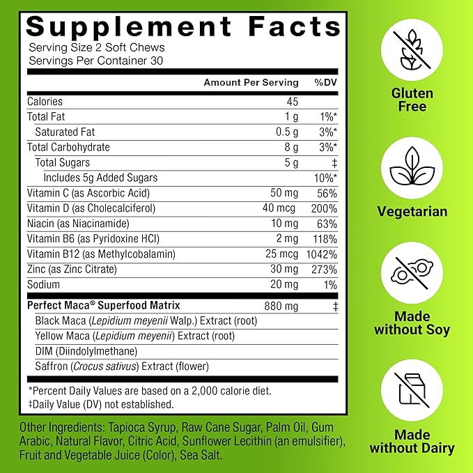 Force Factor Perfect Maca, Maca Root and DIM Supplement with Saffron to Boost Energy and Mood, with Yellow and Black Maca, Vitamins, Minerals, and Antioxidants, Dark Cherry Flavor, 60 Soft Chews