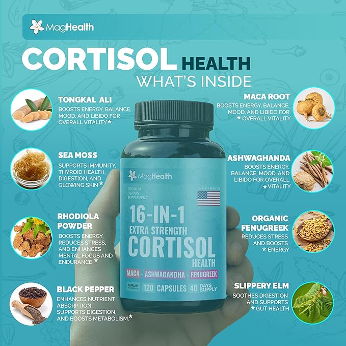 Cortisol Complex 16-in-1 Supplement for Women & Men | Stress Support Manager with Organic Ashwagandha, Maca Root, Rhodiola Rosea & Shilajit | Adaptogen Blend for Balance & Energy | 120 Capsules