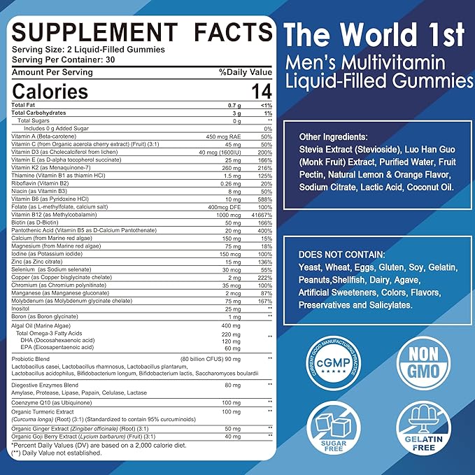 2 Pack - Mens Multivitamins Gummies, Methylated Multivitamin for Men, B Complex, Minerals, Vegan Omega 3, Probiotic, Enzyme, Antioxidants for Men's Complete Daily Support, Sugar Free, Vegan, (No Iron)