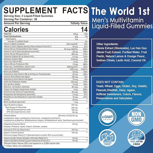 2 Pack - Mens Multivitamins Gummies, Methylated Multivitamin for Men, B Complex, Minerals, Vegan Omega 3, Probiotic, Enzyme, Antioxidants for Men's Complete Daily Support, Sugar Free, Vegan, (No Iron)