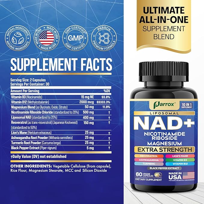 NAD+ Supplement with Liposomal NAD+, Nicotinamide Riboside, Magnesium, Vitamin B3 & B12, Resveratrol, Turmeric, Ashwagandha, Lion’s Mane,10-in-1 Extra Strength (3 Pack)