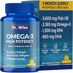 Dr. Wise Omega 3 Fish Oil 3600mg – 2160mg Omega-3 per Softgel (1300mg EPA, 860mg DHA) – Triple Strength, Once Daily – 90 Burpless Lemon Softgels – 3-Month Supply