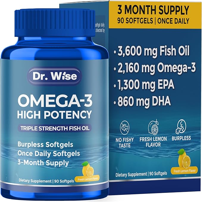 Dr. Wise Omega 3 Fish Oil 3600mg – 2160mg Omega-3 per Softgel (1300mg EPA, 860mg DHA) – Triple Strength, Once Daily – 90 Burpless Lemon Softgels – 3-Month Supply
