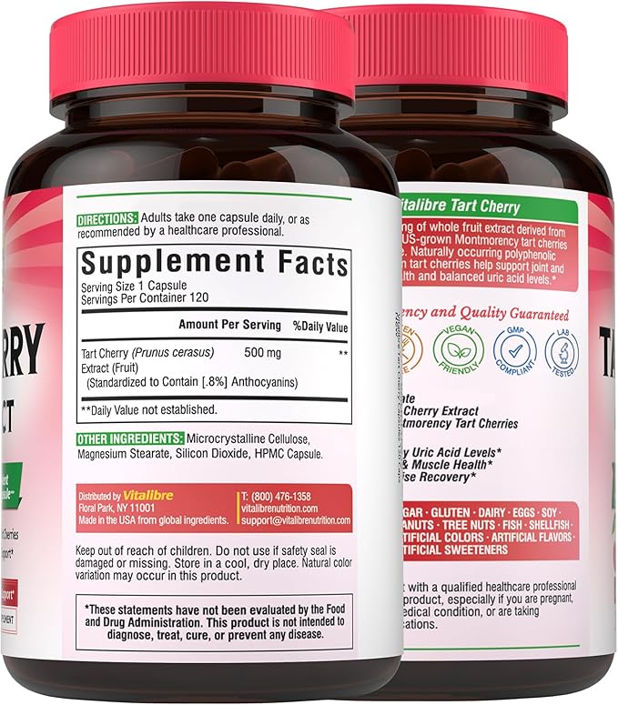 Tart Cherry Capsules, 500 mg Tart Cherry Extract Per Capsule, Montmorency Tart Cherries, Uric Acid Balance, Immune Support, Non-GMO, 120 Vegan Capsules