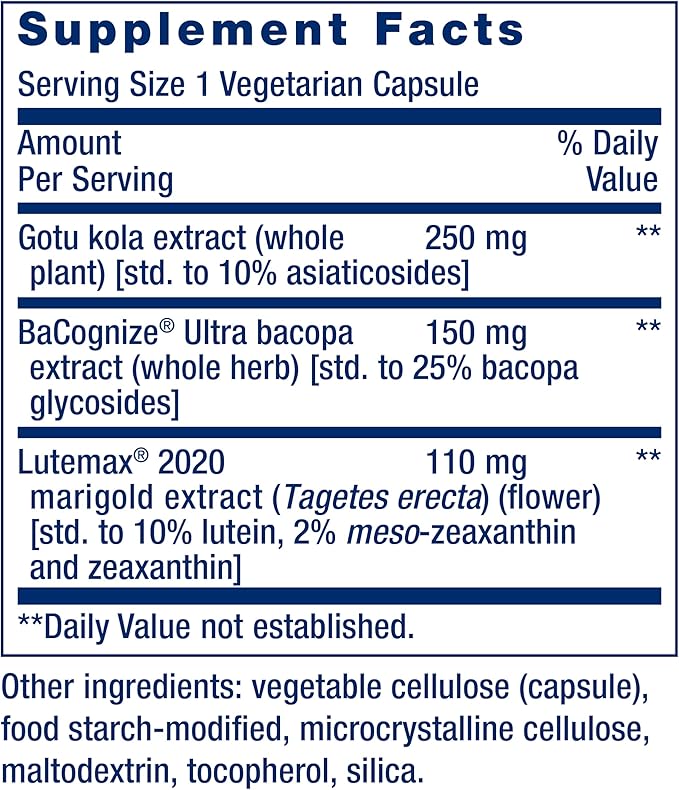 Life Extension Quick Brain Nootropic, Fast Thinking, Learning, Concentration, Lutein, zeaxanthin, gotu kola, bacopa, Gluten Free, Non-GMO, Vegetarian, 1 Daily, 30 Capsules