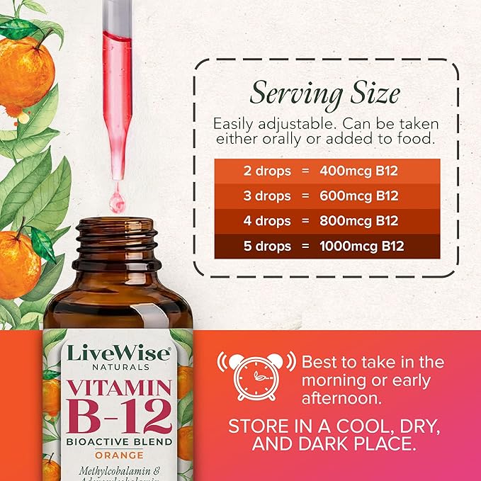 Organic Vitamin B12 1000 mcg Sublingual Liquid Drops For Adults, 6 Months Supply 1 oz, Methylcobalamin & Adenosylcobalamin - Bioactive Blend for Energy, Clarity & Focus - Vegan, Non-GMO, Orange Flavor