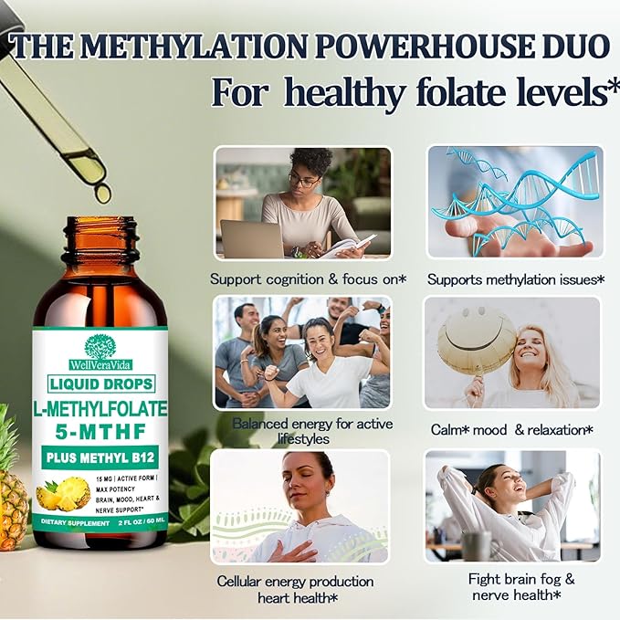 Methylfolate Supplement for Adult & Kids, L Methyl Folate 15mg Plus Methyl B12 B6 B2 Multivitamin, Metabolically Active 5-MTHF Form for Mood Homocysteine Methylation Cognition Energy Nerve Health*