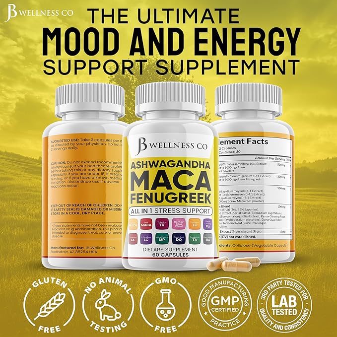 Ashwagandha Maca Root Fenugreek Supplement with Tongkat Ali Ginseng - Assists with Mood & Thyroid Health - Made in USA - 120 Count