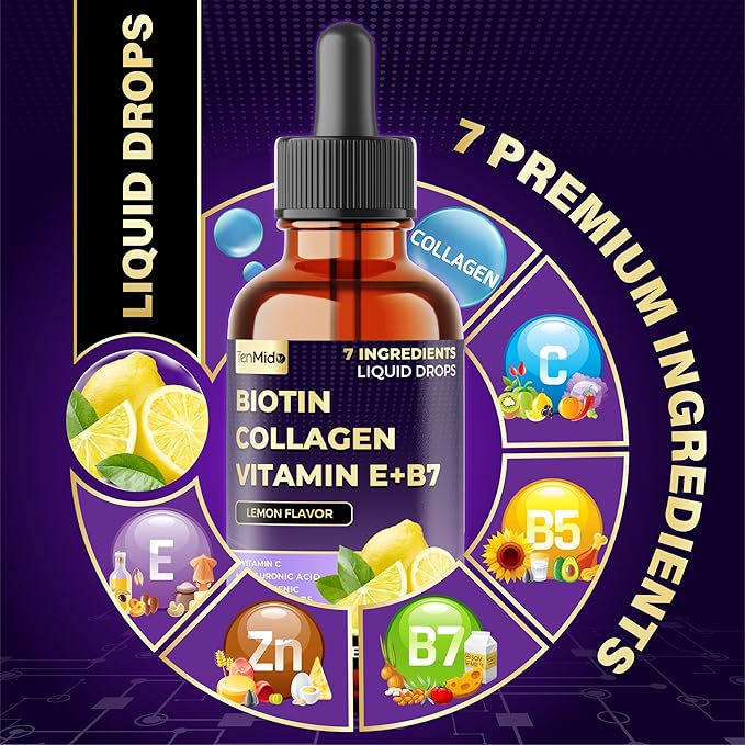 7in1 Biotin and Collagen Supplements - Biotin Liquid Drops with B5 Pantothenic Acid, Vitamin C, Vitamin E, Zinc, Hyaluronic Acid - 30ml 1 Fl Oz