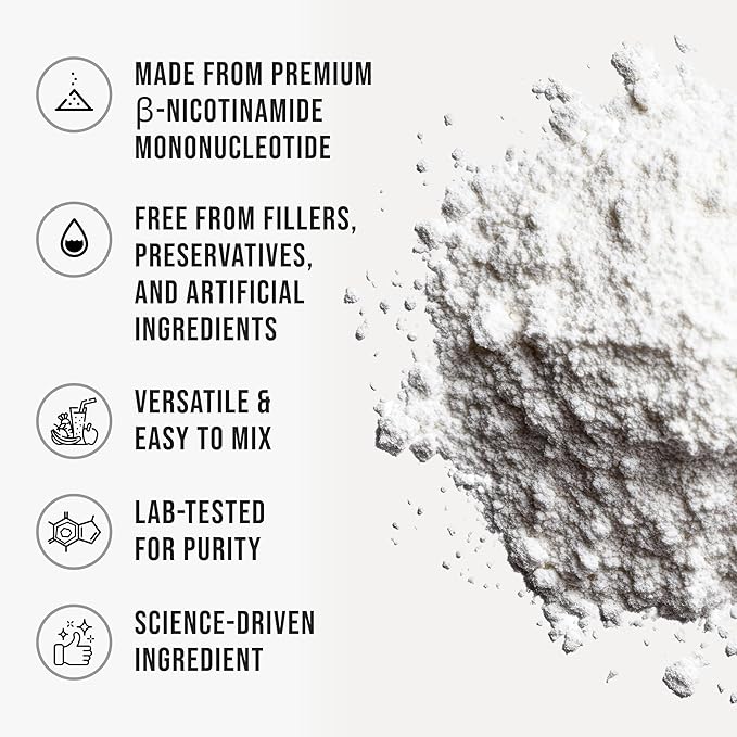 Pure NMN Powder Nicotinamide Mononucleotide Quick Dissolved NMN Supplement Powder 100% Unflavored NMN Supplement Supports NAD+ Levels Vegan Friendly Non-GMO, 50g